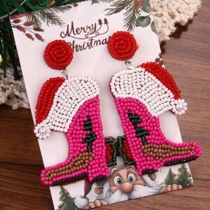 SANTA HAT COWGIRL BOOTS Pink Seed Bead Earrings NWT